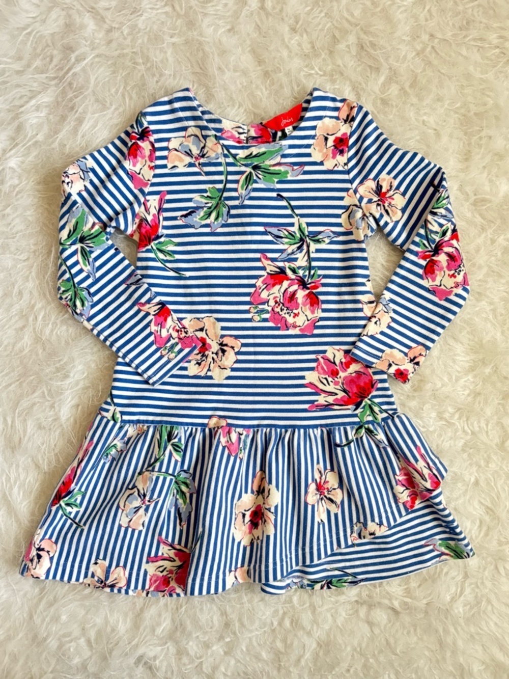 Joules Beautiful Blue Striped Dress with Pink Floral Design